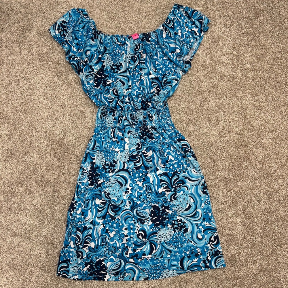 Lilly Pulitzer Clarette Flutter Sleeve Dress Mermazing Blue White‎ Size XS